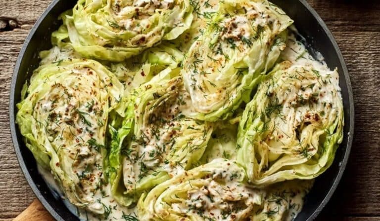 Cabbage ribbons with cream sauce in a skillet ready for dinner