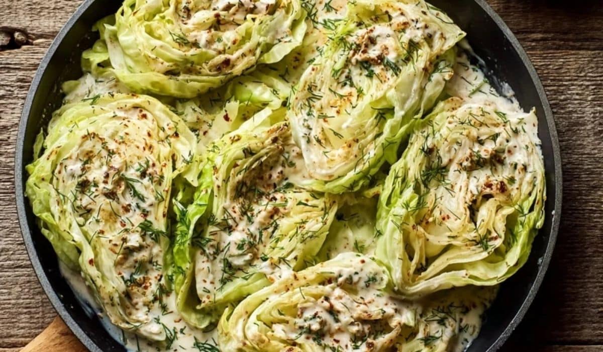 Cabbage ribbons with cream sauce in a skillet ready for dinner