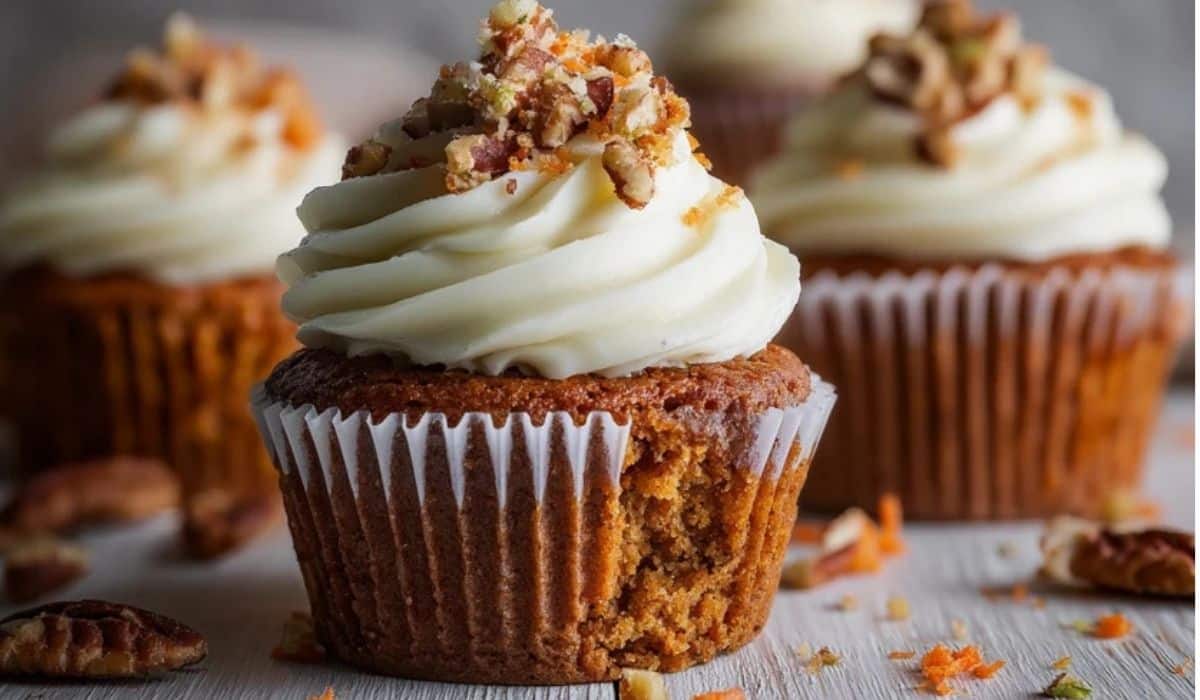 carrot cake with cream cheese frosting on a stand, sliced and ready to serve