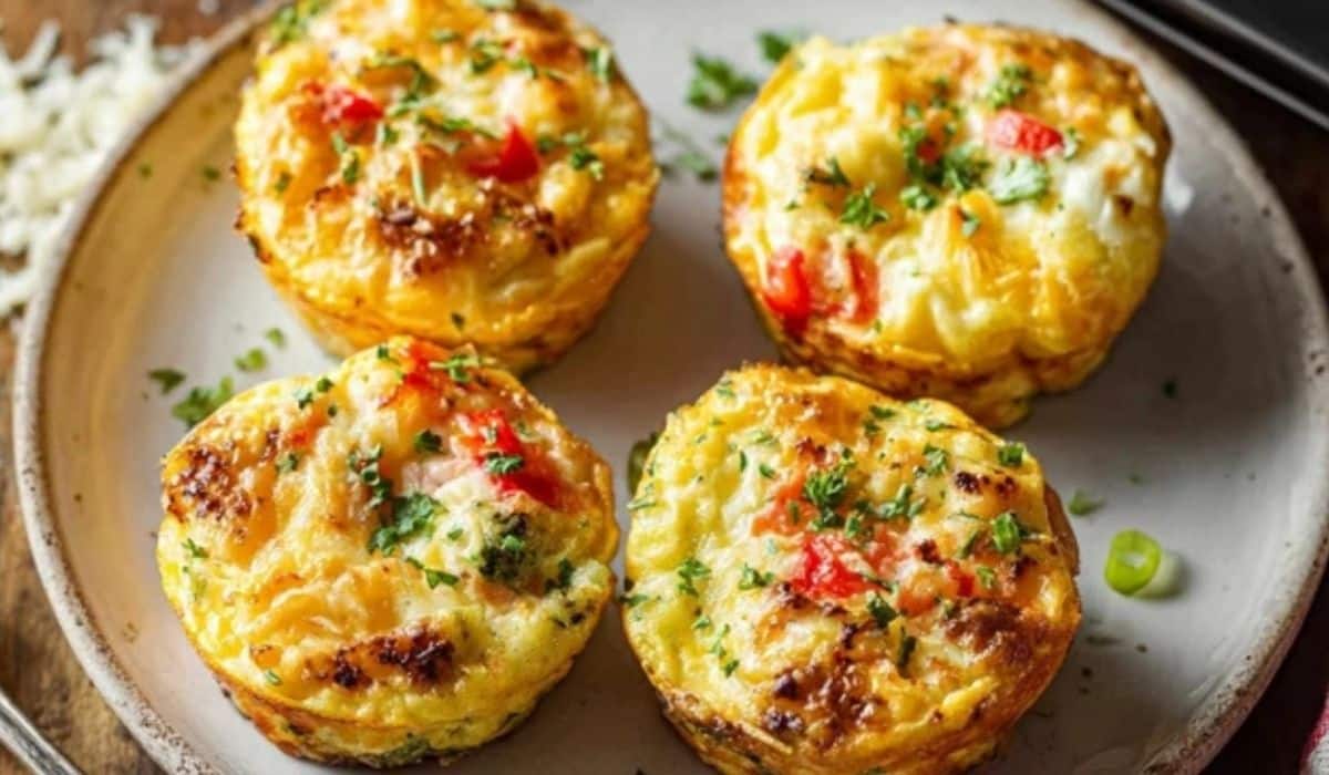 Ingredients for cheesy egg muffins with veggies arranged on a marble board