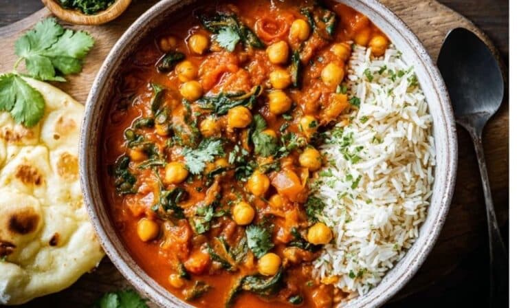 Chickpea and spinach curry in a Dutch oven with rice and naan
