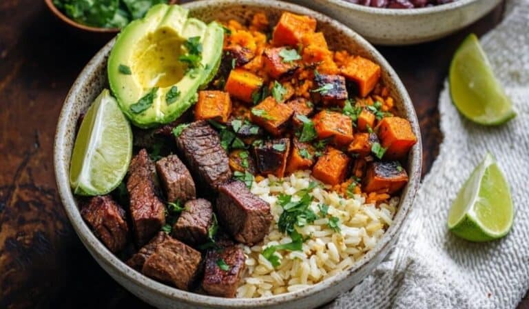 Chipotle steak and sweet potato bowls with avocado and lime on a rustic table
