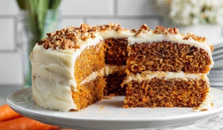 Classic carrot cake with cream cheese frosting and pecans on a cake stand