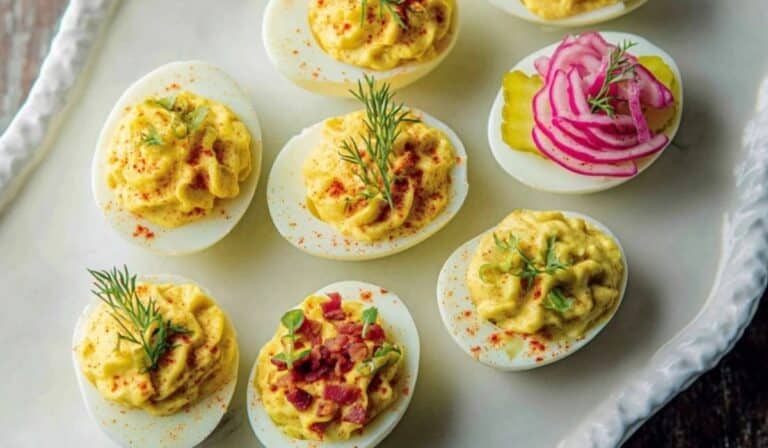 Classic deviled eggs 3 ways on a platter with paprika, dill pickle, and bacon chive toppings