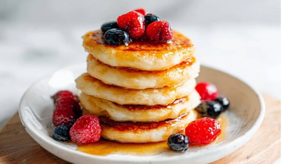 Fluffy cottage cheese pancakes stacked high with berries and maple syrup.