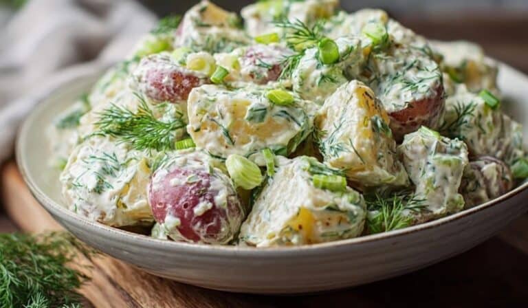 Creamy dill potato salad in a serving bowl with fresh dill and red potatoes
