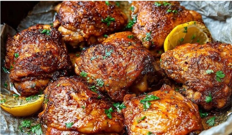 Crispy oven baked chicken thighs in a skillet with golden skin