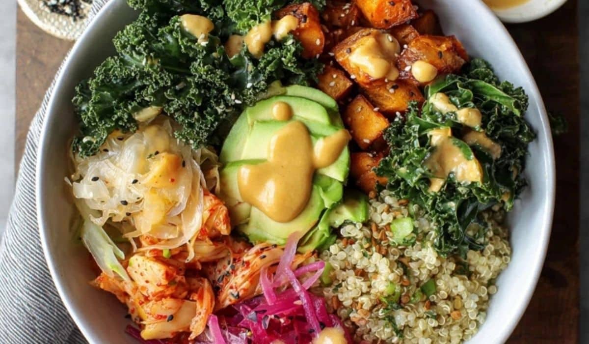 Fermented veggie power bowl with quinoa, roasted veg, kimchi and sauerkraut