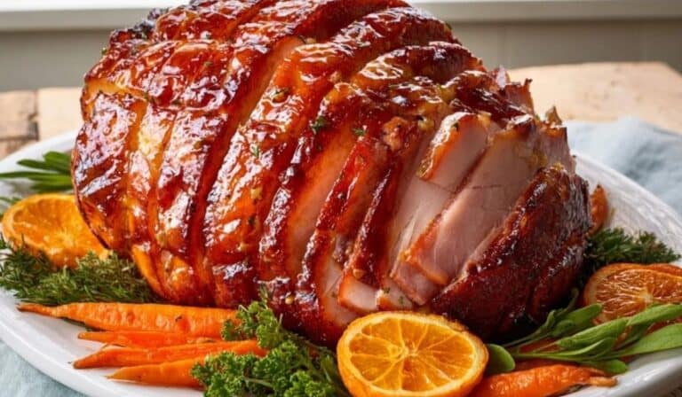 Glazed Easter ham with honey mustard on a serving platter