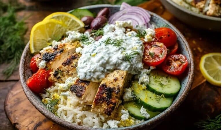 Greek chicken rice bowls with tzatziki, veggies, and feta on a rustic table