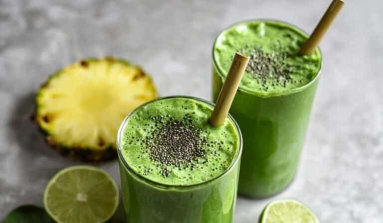 Tall glass of green detox smoothie with spirulina topped with chia seeds and pineapple.