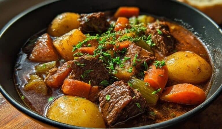 uinness beef and vegetable stew in a Dutch oven with tender beef and root vegetables