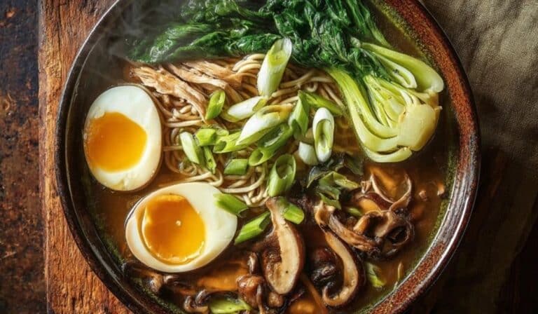 Gut-healing bone broth ramen with egg, bok choy, and mushrooms in a cozy ceramic bowl