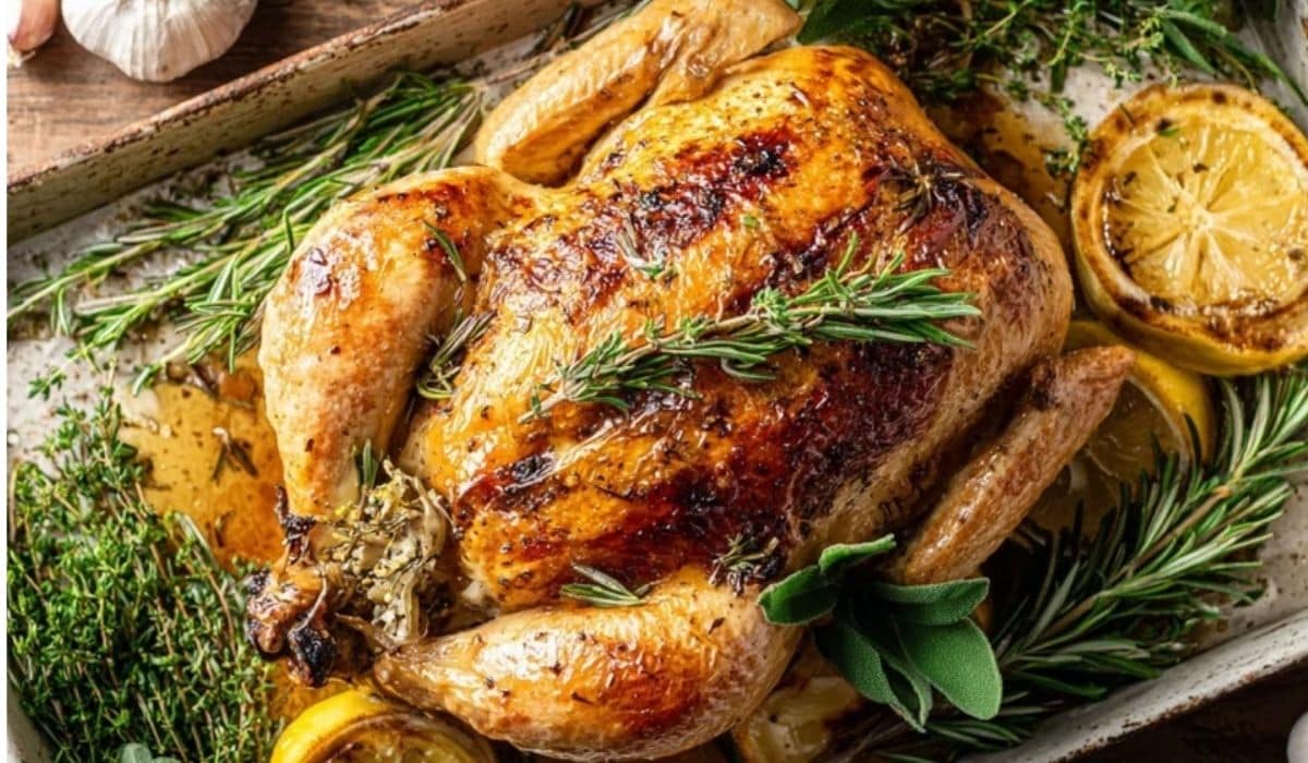 Herb roast chicken with golden skin in a roasting pan