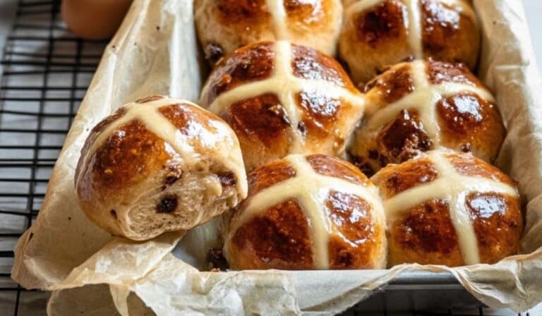 Homemade hot cross buns baked until golden with classic crosses