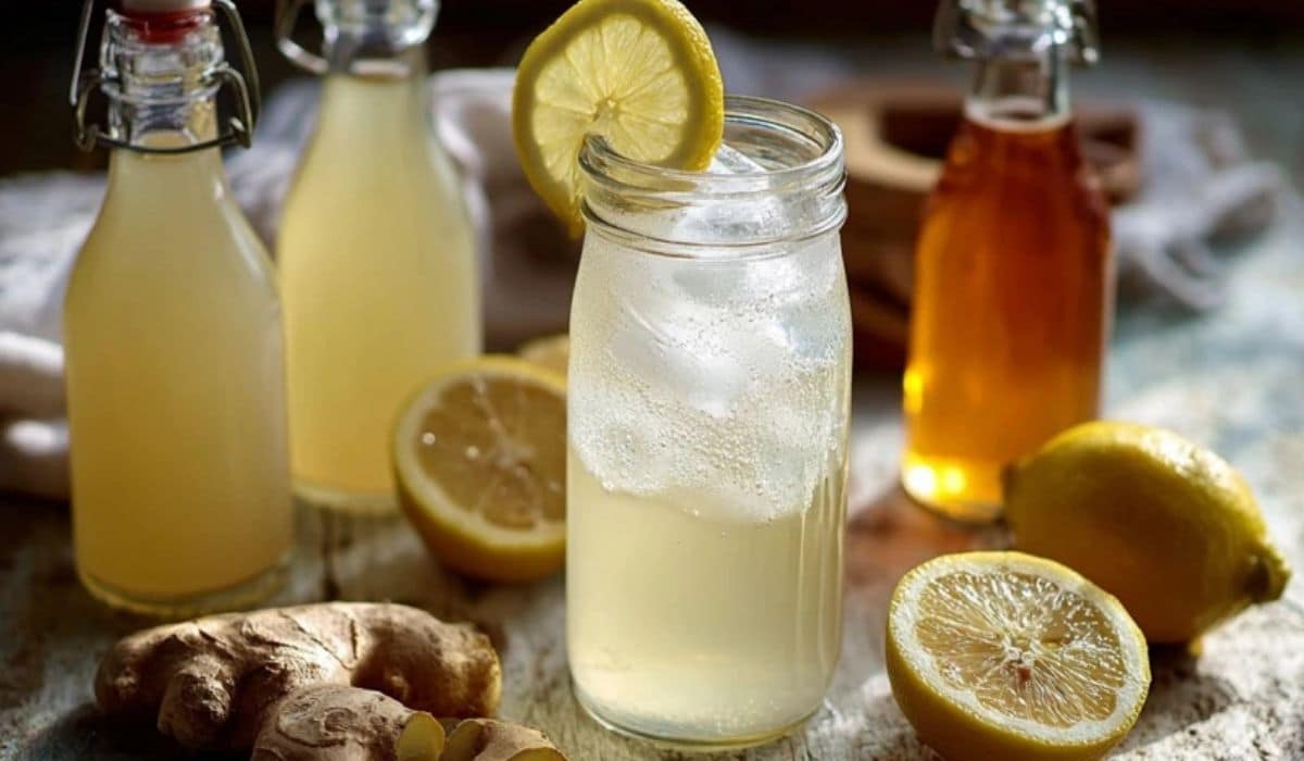 Homemade prebiotic ginger soda in bottles with lemon and fresh ginger