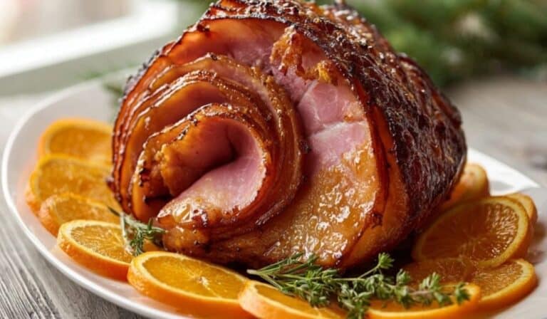Honey-glazed spiral ham on a platter with glossy caramelized edges