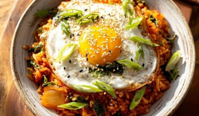 Kimchi fried rice with fried egg and scallions in a ceramic bowl