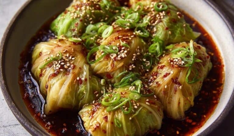 Korean-style cabbage rolls with chili oil in a cozy dinner bowl