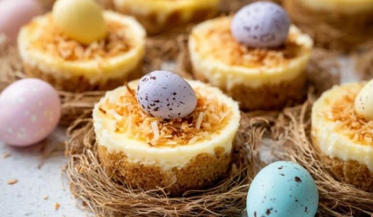 Lemon cheesecake Easter nests topped with toasted coconut and mini eggs