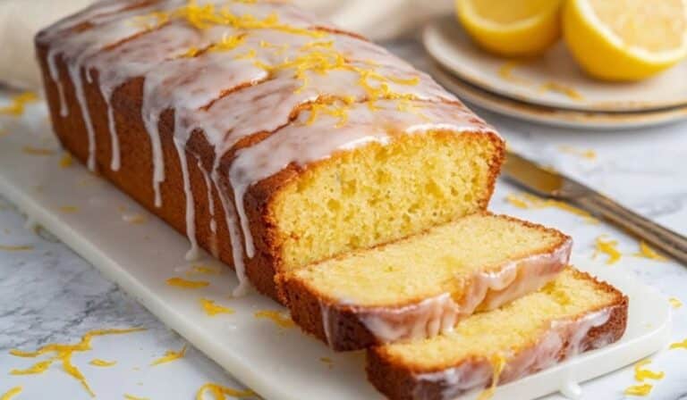Lemon drizzle loaf cake with glossy icing on a serving platter