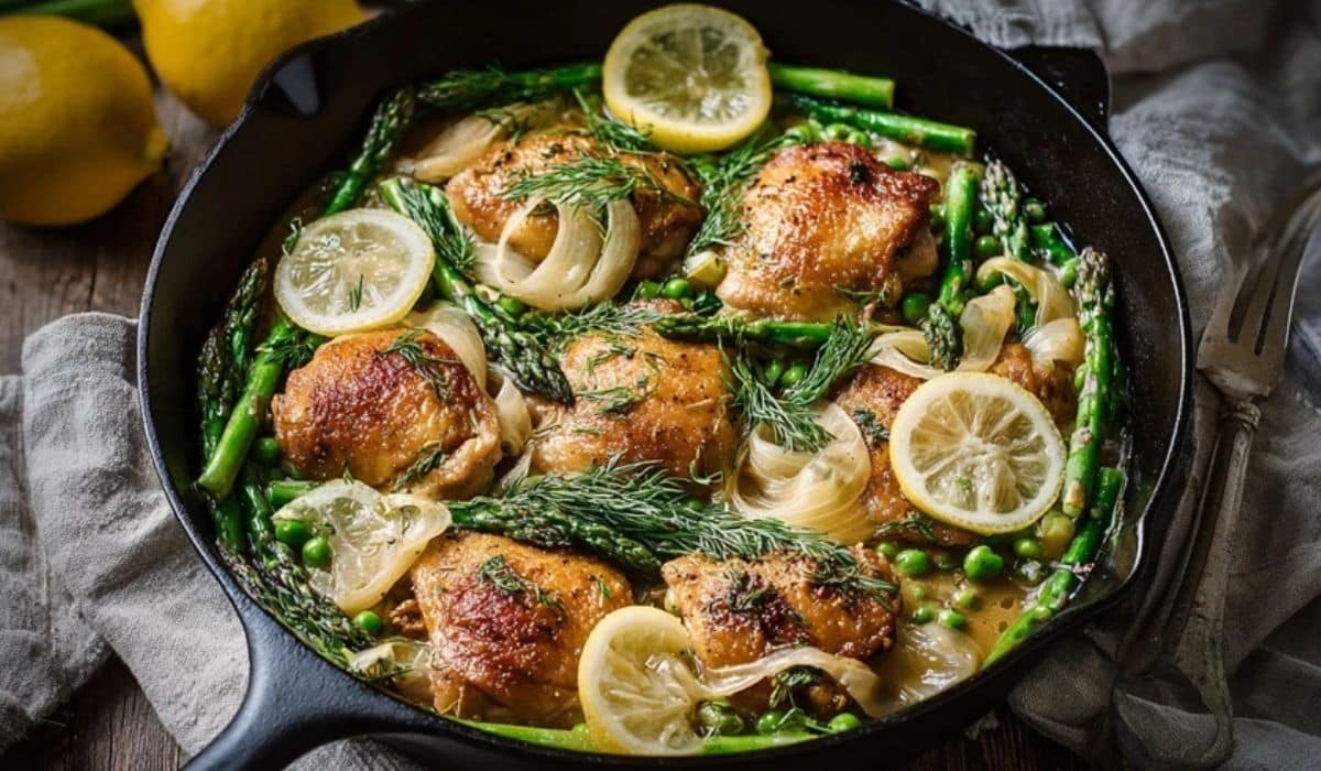 Lemon herb spring chicken with asparagus, peas, and lemon in a skillet