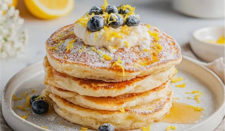 Lemon ricotta pancake stack with blueberries, maple syrup, and lemon zest