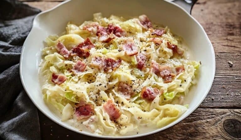 Low-carb cabbage carbonara in a bowl with crispy bacon and black pepper