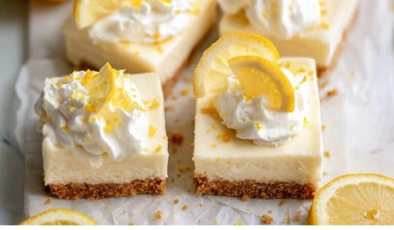No-bake lemon cheesecake bars sliced in a pan with lemon zest and berries
