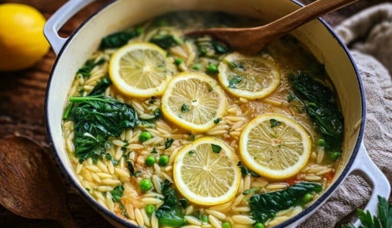 One-pot brothy lemon orzo in a Dutch oven with spinach, peas, and lemon
