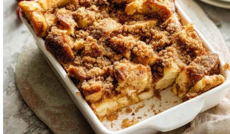 Overnight French toast bake in a baking dish with golden topping