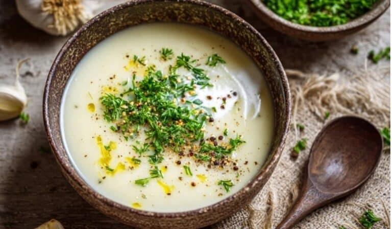Prebiotic garlic and leek soup in a bowl with yogurt swirl and herbs