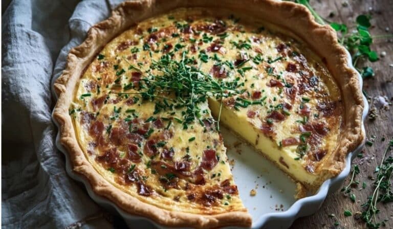 Quiche Lorraine with spring herbs baked golden in a flaky crust