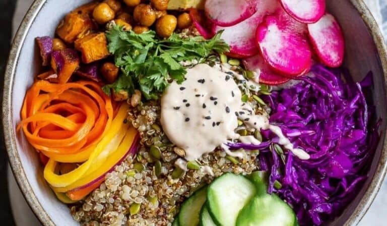 Rainbow grain bowl with tahini dressing topped with quinoa, chickpeas, and colorful vegetables