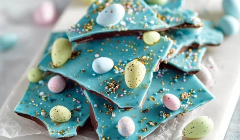 Robin egg chocolate bark with pastel candy eggs on a marble board