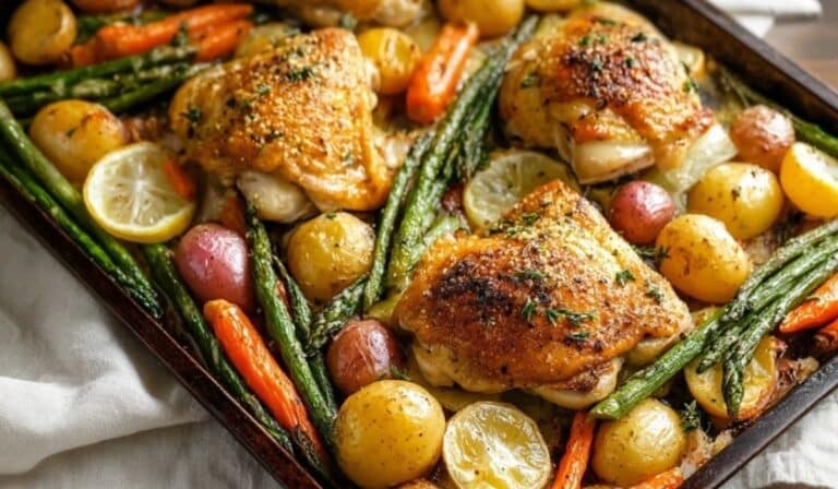 Sheet-pan Easter chicken thighs with spring vegetables on a holiday table