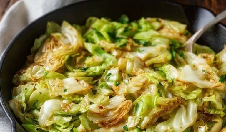 Simple Sautéed Green Cabbage in a skillet with golden browned edges.