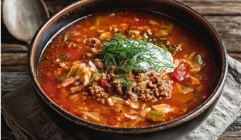 Slow cooker golumpki soup in a bowl with cabbage, beef, rice, and sour cream