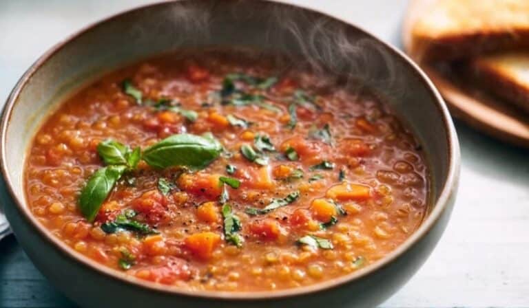 Slow-cooker lentil and tomato soup in a bowl with herbs and crusty bread