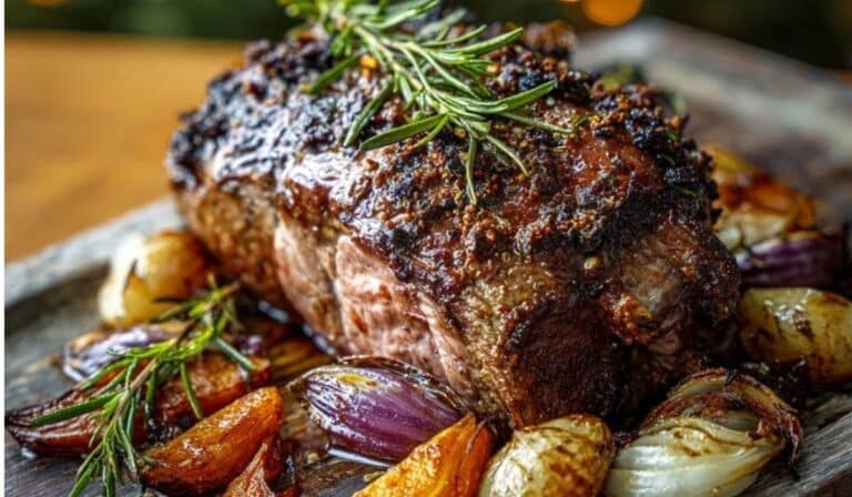 Slow-roasted lamb with rosemary sliced on a platter with roasted garlic