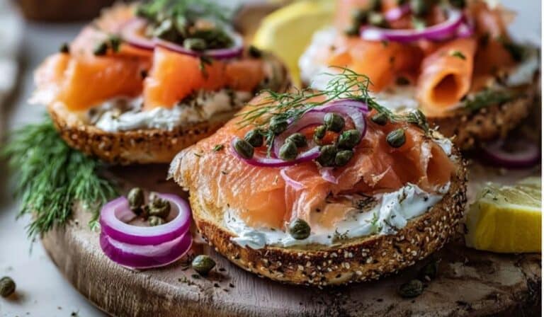 Smoked salmon and cream cheese bagels on a platter with lemon and dill