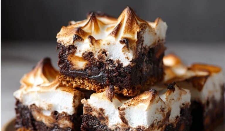S'mores brownies with meringue stacked with toasted topping and fudgy layers