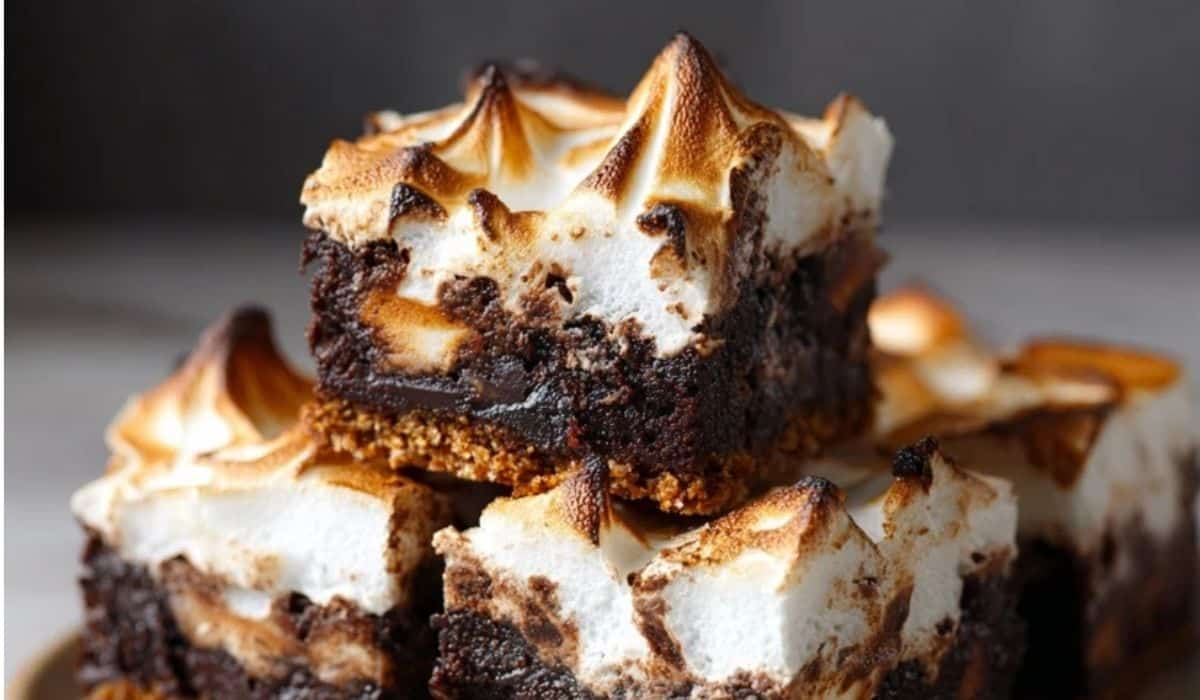S'mores brownies with meringue stacked with toasted topping and fudgy layers