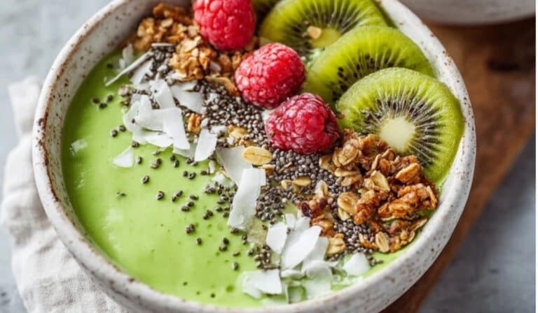 Spring detox green smoothie bowl with kiwi, berries, granola, and seeds in a white bowl