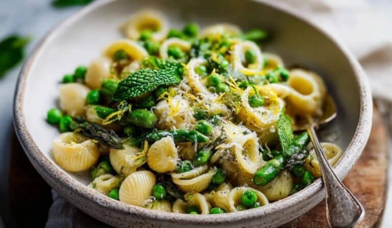 Spring pasta with peas served with asparagus, lemon, and Parmesan