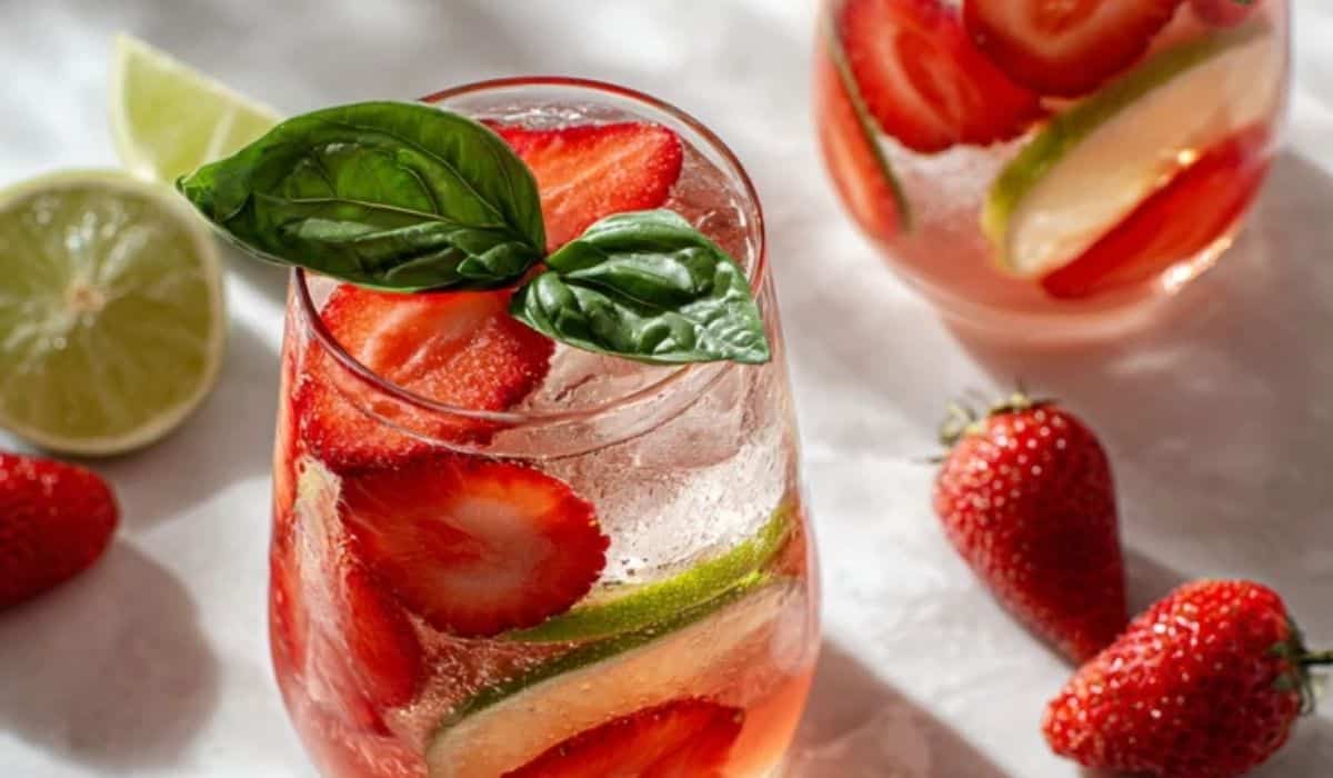 Strawberry basil spring mocktail in two glasses with fresh berries and basil