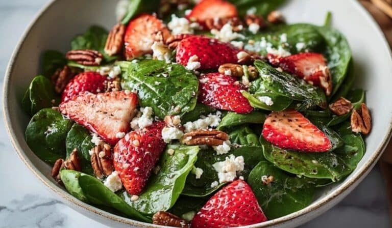 Strawberry spinach salad with feta, pecans, and balsamic poppy seed dressing