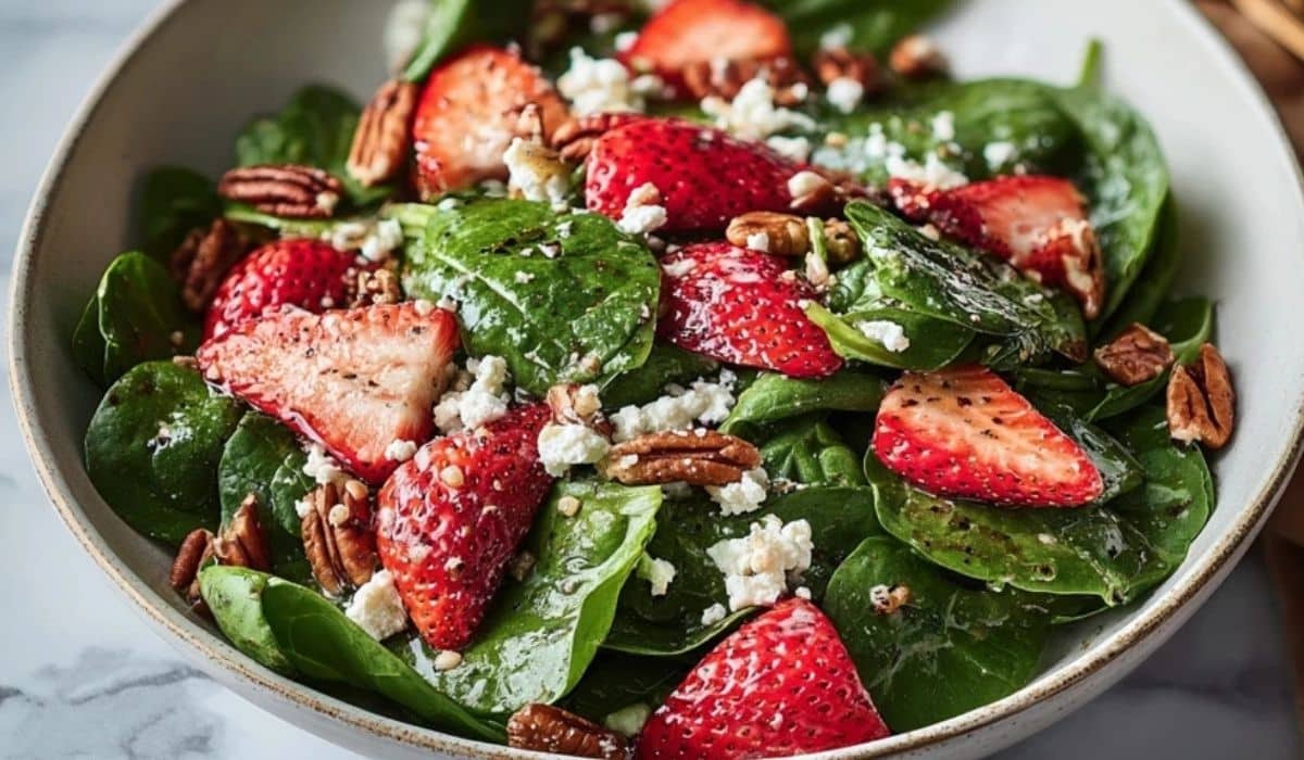 Strawberry spinach salad with feta, pecans, and balsamic poppy seed dressing