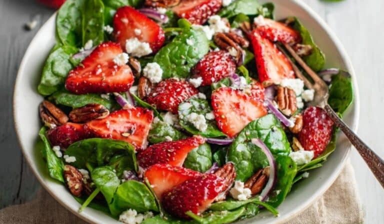 Strawberry spinach spring salad, strawberry spinach salad, spring salad with strawberries, spinach berry salad