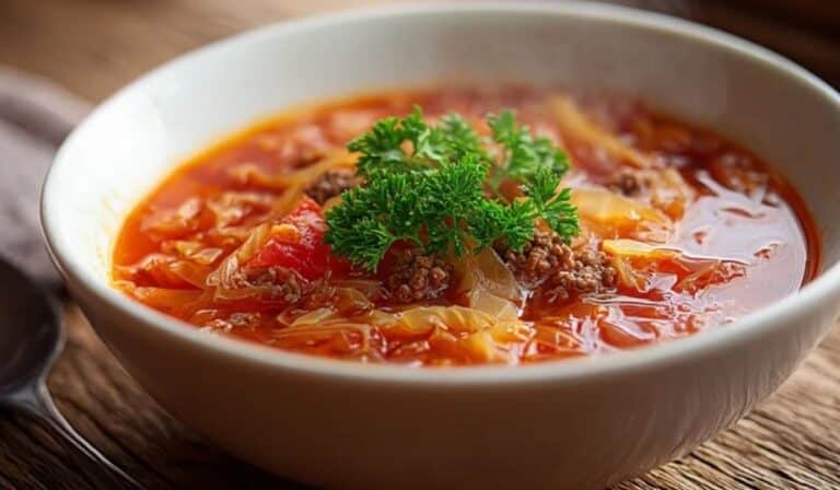 Tomato-based cabbage roll soup in a white bowl with cabbage, beef, rice, and parsley